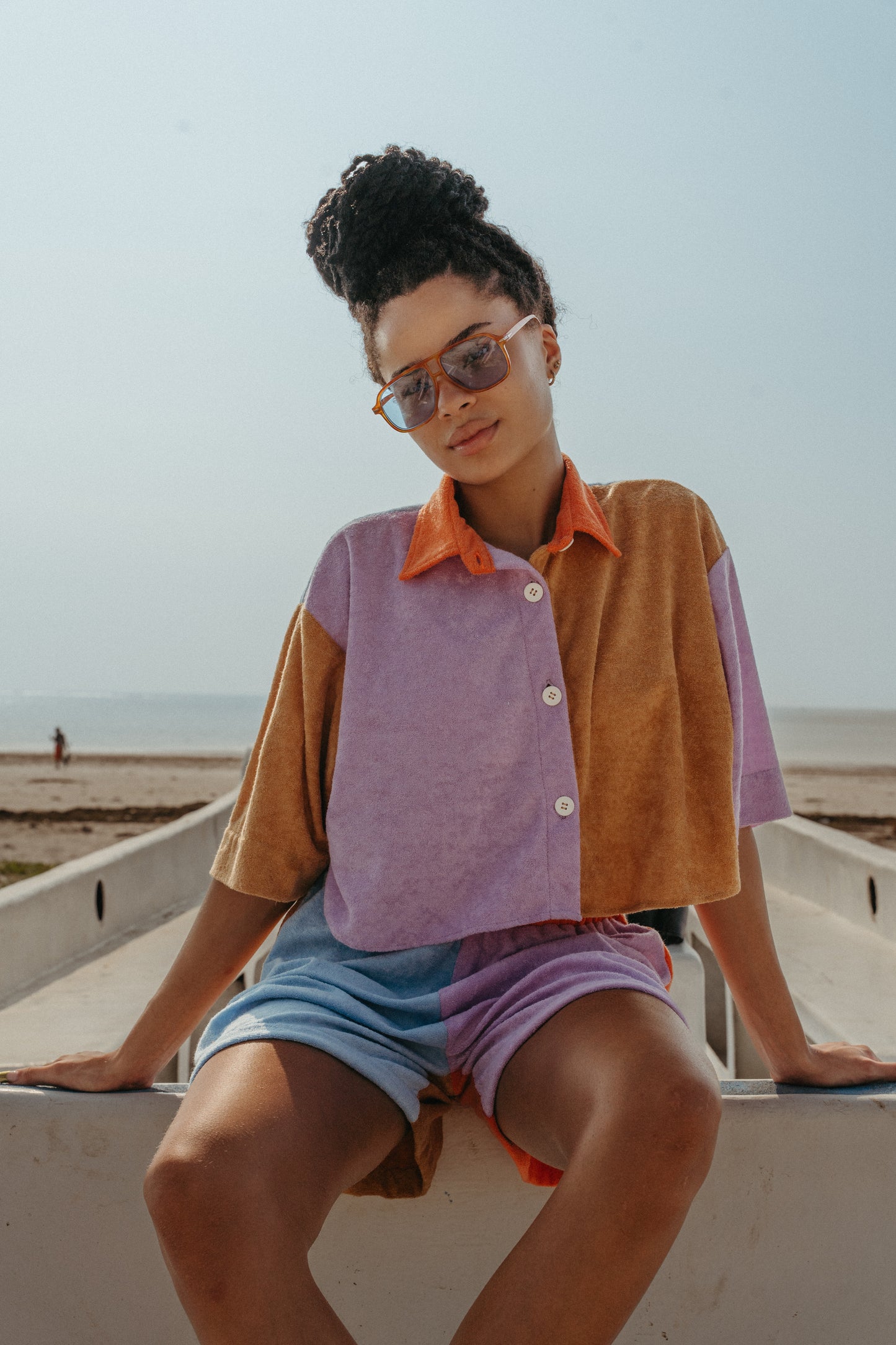 PWANI plush high-waisted shorts (Pale Blue, Pastel Purple + Mustard Yellow)