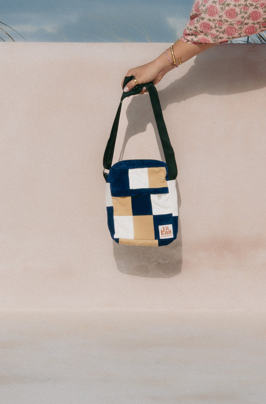 MWILI cross-body bags (navy blue + tan + white)