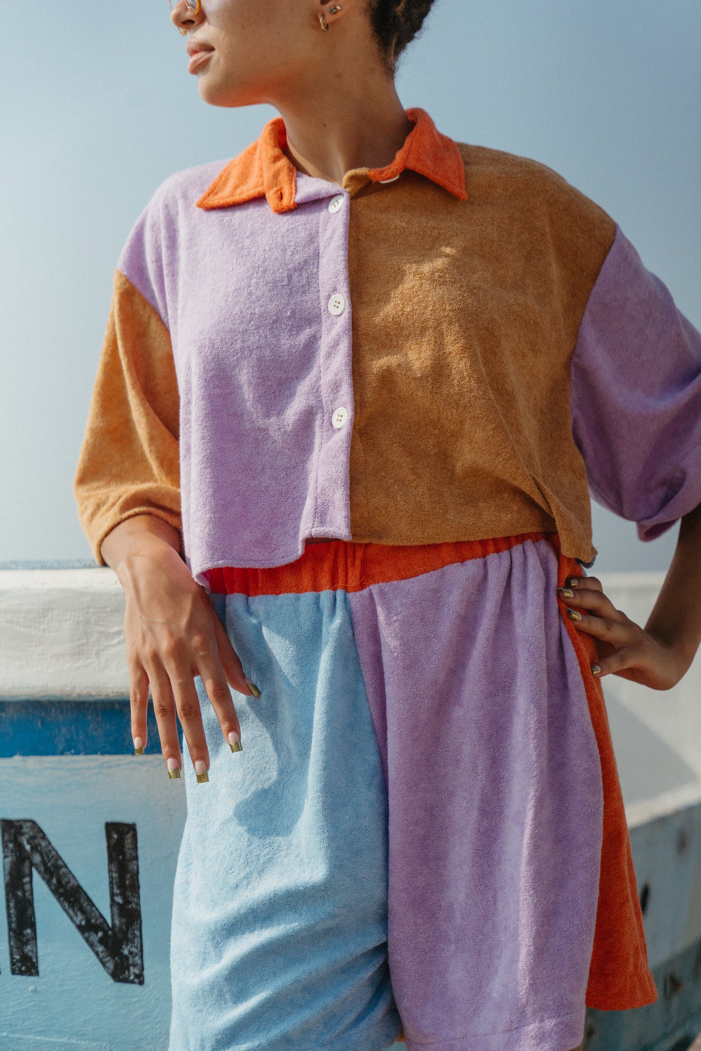 PWANI plush shirt + shorts matching set (Purple + Blue + Mustard)