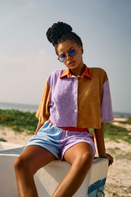 PWANI plush high-waisted shorts (Pale Blue, Pastel Purple + Mustard Yellow)